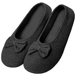 Solshine Damen Baumwolle Geschlossene Hausschuhe Ballerina Slippers T002 Schwarz 37-38EU von Solshine