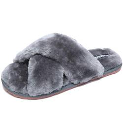 Solshine Damen Plüschfell Hausschuhe Warme Pantoffeln Slippers T001 Grau 38/39EU von Solshine