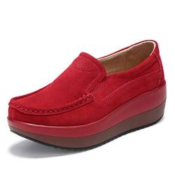 Solshine Damen Wildleder Plateau Loafers Keilabsatz Mokassins Slipper P025 Rot 36EU von Solshine