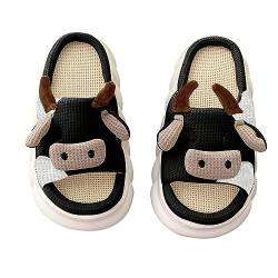 Solutra Leinen Kuh Hausschuhe Damen, Kawaii Hausschuhe Cartoon Tiere Cow Slippers, Rutschfeste Leinen Pantoffeln Hausschlappen Damen (38/39 EU, Schwarze Kuh) von Solutra