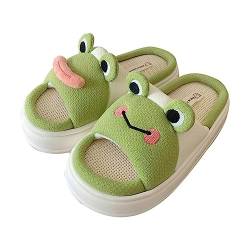 Solutra Leinen Kuh Hausschuhe Damen, Kawaii Hausschuhe Cartoon Tiere Frog Slippers, Rutschfeste Leinen Pantoffeln Hausschlappen Damen (38/39 EU, Hellgrün Frog) von Solutra