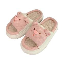 Solutra Leinen Kuh Hausschuhe Damen, Kawaii Hausschuhe Cartoon Tiere Schwein Slippers, Rutschfeste Leinen Pantoffeln Hausschlappen Damen (40/41 EU, Rosa Schwein) von Solutra