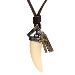 SonMo Verstellbar Herren Leder Halskette Anhänger Kettenanhänger Zahn Leder Kette Männer Beige Länge 75.4CM von SonMo