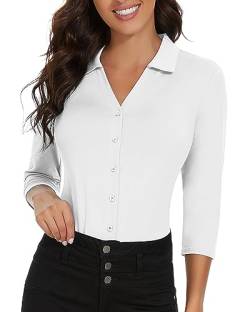 Soneven Bluse Damen Sommer Elegant Blusenshirt Damen mit V-Ausschnitt Golf Polo Shirt 3/4 Arm Business Oufit Blusentop Oberteil Weiße XL von Soneven