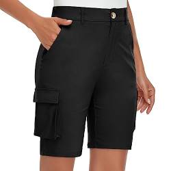 Soneven Cargo Shorts Damen Bis Zum Knie Bermuda Shorts Baumwolle Lässige Sport Leicht mit Knopfleiste, Elastisch Bund(Schwarz, L) von Soneven