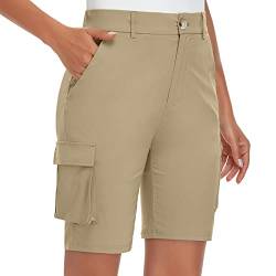 Soneven Cargo Shorts Damen Kurze Hose High Waist Khaki Leicht mit Knopfleiste, Elastisch Bund, Verfügbare Gürtel von Soneven