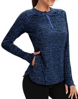 Soneven Damen Laufshirt Langarm Funktionsshirt Langarmshirt Sport t Shirts Damen Fitness Trainingsshirt 1/4 Zip Wandershirt Damen Atmungsaktiv mit Daumenloch und Tasche Blau M von Soneven