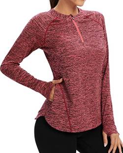 Soneven Damen Laufshirt Langarm Funktionsshirt Wandershirt Damen Atmungsaktiv Langarmshirt Sport t Shirts Damen Fitness Trainingsshirt 1/4 Zip mit Daumenloch und Tasche XXL von Soneven