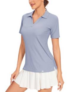 Soneven Damen Poloshirt V Ausschnitt Kurzarm Polohemd Sport Tshirts Gerippt Atmungsaktiv Schnelltrocknend Funktionsshirt für Golf Tennis[Blau, L] von Soneven