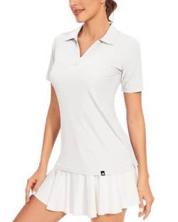 Soneven Damen Poloshirt V Ausschnitt Kurzarm Polohemd Sport Tshirts Gerippt Atmungsaktiv Schnelltrocknend Funktionsshirt für Golf Tennis[Weiß, L] von Soneven