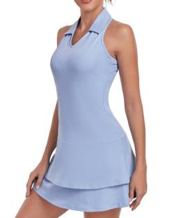 Soneven Damen Tenniskleid mit Hose Ärmellos 1/4 Zip Tennis Kleidung Set Sportkleider Sommerkleid Golfkleid Für Sport Tennis Baseball,Himmelblau,S von Soneven