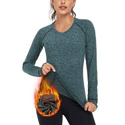 Soneven Funktionsshirt Damen Langarm Winter Fleece Thermo Laufshirt Sportshirt Damen Langarm Warmer Pullover V Ausschnitt Herbst Thermoshirt Langarmshirts mit Daumenlöche VI-Grün XL von Soneven