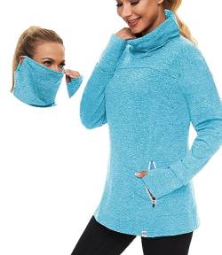 Soneven Rollkragen Pullover Damen Funktionsshirt Damen Langarm Laufshirt Fleece Thermo Sweatshirts mit Tasche Wandershirt Atmungsaktive Running Sportoberteile Hochkragen Hell Blau von Soneven