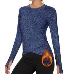 Soneven Thermoshirt Funktionsshirt Damen Langarm Wander Warm Tshirt Damen Fleece Crop Pullover Damen mit Cross Hem Laufshirt Blau L von Soneven