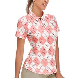 Soneven Tshirt Karierte Bluse Damen Rosa Kurzarm 1/4 Reißverschluss Atmungsaktiv Schnelltrocknend für Golf Tennis Freizeit von Soneven
