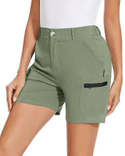 Soneven Wanderhose Damen Kurz Cargohosen 15cm Bermuda Shorts Trekkinghose Schnelltrocknend Leichte Outdoor Hose mit vielseitige Taschen für Wandern, Golf, Camping, Reisen(Hellgrün,XXL) von Soneven