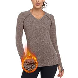 SonevenThermoshirt Damen Langarm Winter V Ausschnitt Damen Oberteil Laufshirt Funktionsshirt Damen Langarm Sport Langarmshirt Damen Warm Sportoberteile Atmungsaktiv mit Daumenlöche Braun M von Soneven