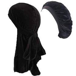 Durags and Bonnets Schlafmütze für Herren und Damen, mit langem Schwanz, Samt, Doo-Tuch und Turban, 2 Stück - Schwarz - Einheitsgröße von Song Qing