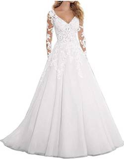 Hochzeitskleid Brautkleid Langarm Abendkleid Tüll Spitze Damenkleid A-Linie Elfenbein 44 von SongSurpriseMall