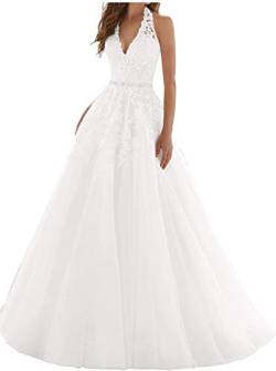 Hochzeitskleid Brautkleid Neckholder Spitze Tüll Abendkleid A-Linie Rückenfrei Weiß 46 von SongSurpriseMall