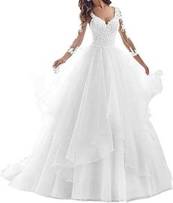 Hochzeitskleid Brautkleider A-Linie V Ausschnitt Damen Prinzessin Brautkleider Langarm Weiß 44 von SongSurpriseMall