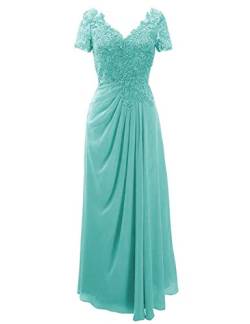 SongSurpriseMall Brautmutterkleider Kurzarm Spitze Abendkleider Lang V Ausschnitt Mutter Kleider für Hochzeit Chiffon Aqua EU38 von SongSurpriseMall