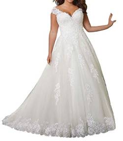 SongSurpriseMall Damen Brautkleider Hochzeitskleider Große Größen V-Ausschnitt Spitze sommer Brautkleid Ballkleid Elfenbein 48 von SongSurpriseMall