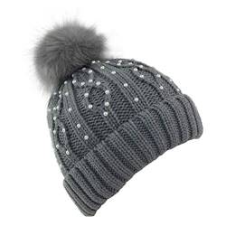 Sonia Originelli Winter Beanie Mütze Perlen Zopfmuster XL Bommel Teddyfell Farbe Hellgrau von Sonia Originelli