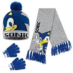 Sonic The Hedgehog Mütze Jungen Schal Handschuhe Set Kinder Wintermütze Set (Blau/Grau 3 Stück) von Sonic The Hedgehog