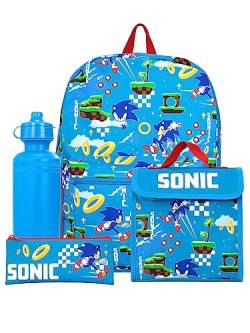 Sonic The Hedgehog Rucksack 3 Teilig | Schultasche, Lunchtasche, Trinkflasche, federmappe | Kinderrucksack | Blau von Sonic The Hedgehog