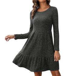 Kleider für Damen Langarm Pulloverkleid Frauen Rundhalsausschnitt A-Linie Freizeitkleid Herbst und Winter Strickkleid Elegant Einfarbige Minikleid (Grau, S) von Sonnena