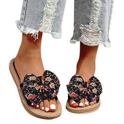 Schlappen Damen Espadrille Sandalen Flache Sommer Schleife Wildleder Sandaletten Peep Toe Plateau Boho Hausschuhe Slip On Pantoletten Bequeme Strandschuhe Freizeitschuhe von Sonnena