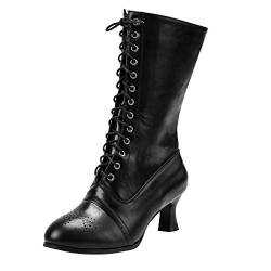 Damen Schnürstiefel, wadenlang, Leder, Louis Heel, Knöchelstiefel, Punk, Steampunk, Gothic, Vintage, Schwarz - Schwarz - Größe: 38.5 EU von SoonerQuicker