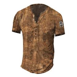 SoonerQuicker Henley Shirt Herren Kurzarm Vintage Tshirt Herren Oldschool Henley Shirt Herren Braun Poloshirt Herren Ohne Kragen Regular Fit Tshirt Herren Knopfleiste Tshirt Herren Retro von SoonerQuicker