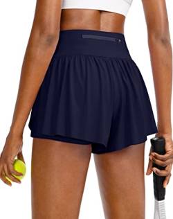 Flowy Laufshorts für Damen mit 4 Taschen, 2-in-1, hohe Taille, Schmetterlings-Workout, athletischer Tennisrock, Shorts, Marineblau, Klein von Soothfeel