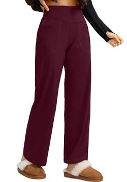 Soothfeel Hose mit weitem Bein für Damen, Yoga-Arbeitshose mit Taschen, hohe Taille, Lounge-Sweathose, Kleidhose, Petite/Tall 71,1 cm, 76,2 cm, Wein, S von Soothfeel