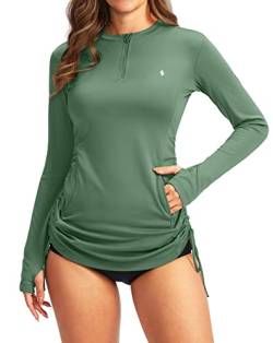 Soothfeel Langärmeliges Damen-Rashguard-Shirt, UV-Schutzfaktor 50+, Badeanzug, Oberteil für Damen, mit Reißverschlusstaschen, Grün , 3X-Large von Soothfeel
