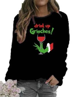 Damen Sweatshirt Top bedruckt mit Buchstaben Drink Up Grinches Weihnachten Grün Monster Print Rundhals Sweatshirt von Sopaeduon