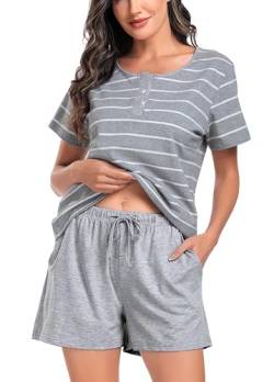 Sopesil Damen Schlafanzug Kurze Ärmel Damen Pyjamas Baumwolle Gestreift Pyjama Sets mit Taschen Nachtwäsche weich Gemütlich Lounge Wear für Frauen,Grau,M von Sopesil