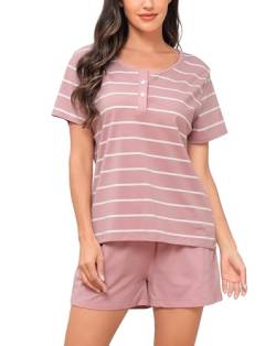 Sopesil Damen Schlafanzug Kurze Ärmel Damen Pyjamas Baumwolle Gestreift Pyjama Sets mit Taschen Nachtwäsche weich Gemütlich Lounge Wear für Frauen,Rosa,L von Sopesil