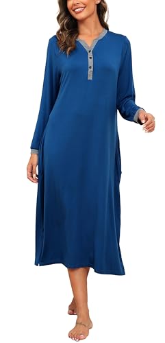 Sopesil Nachthemd Damen Langarm Nachthemden Knopfleiste Frauen Lang Modal Nachtwäsche V-Ausschnitt Schlafanzug Damen Sleepwear B-Navy Blau,S von Sopesil