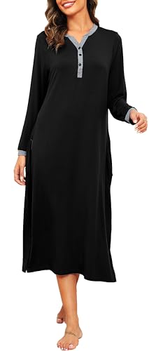 Sopesil Nachthemd Damen Langarm Nachthemden Knopfleiste Frauen Lang Modal Nachtwäsche V-Ausschnitt Schlafanzug Damen Sleepwear B-Schwarz,S von Sopesil