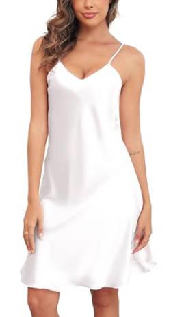 Sopesil Nachthemd Damen Satin Sexy Kurz V-Ausschnitt Nachthemd Sommer Nachtwäsche Sleepwear mit Verstellbare Träger Weiß,XL von Sopesil