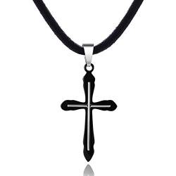 Sophie & Jules Herren Leder Halskette Lederkette 50 cm mit Edelstahl Kreuz Anhänger Schwarz mit Silber von Sophie & Jules