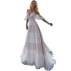 Damen Hochzeitskleider schicke Spitze Abendkleider V Ausschnitt Rüschen Ärmel Strand Boho Outdoorsy Hochzeitskleid von Sorayan
