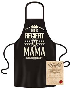 Soreso Design Muttertagsgeschenk Kochschürze Hier regiert Mama Geschenk für Frauen Schürze und Urkunde Farbe: schwarz von Soreso Design