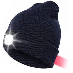 LED Mütze Kappe Mit Vorne Hinten Licht, Herren Damen Kappe Strickmütze USB Nachladbare Lampe, 8 LED Beleuchtung und Blinkende Warnungs,Winterwärmer Strickkappe Stirnlampe Laufmütze(Blau,Einheitsgröße) von Sorfia