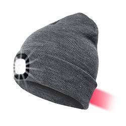 LED Mütze Kappe Mit Vorne Hinten Licht, Herren Damen Kappe Strickmütze USB Nachladbare Lampe, 8 LED Beleuchtung und Blinkende Warnungs,Winterwärmer Strickkappe Stirnlampe Laufmütze(Grau,Einheitsgröße) von Sorfia