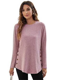 Damen Langarm Casual Tops Rundhals Blusen T Shirts Loose Fit Seitliche Knöpfe Lange Pullover, A-Pink, X-Large von SotRong