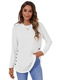 Damen Langarm Casual Tops Rundhals Blusen T Shirts Loose Fit Seitliche Knöpfe Lange Pullover, A-weiß, X-Large von SotRong